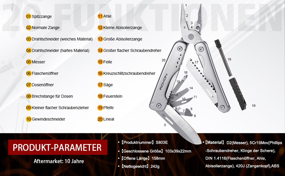 ROXON S803E Elite Update Multi-Tool - 20-Function Survival Knife with Pliers & Fire Starter | EDC Outdoor Tool