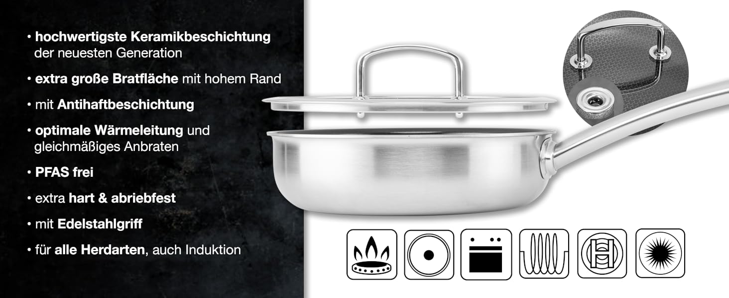 Сковорода Moritz & Moritz антипригарна 28 см індукційна з керамічним покриттям та стільниковою структурою. Сковорода з нержавіючої сталі з високими бортами, підходить для всіх видів плит (з кришкою, Ø 24 см)