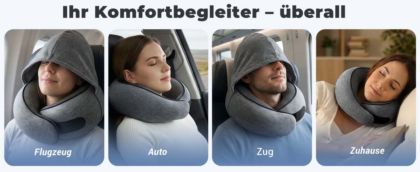 Подушка для подорожей з капюшоном, Memory Foam, темно-сіра. Підтримка шиї для літака, авто та дому