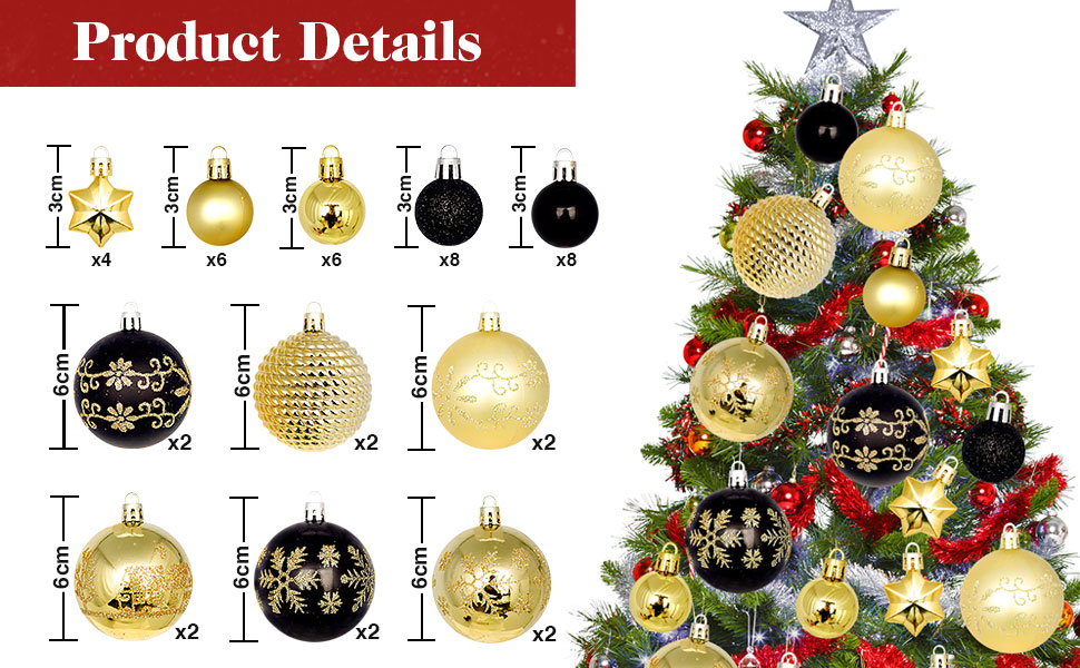 44 штуки новорічних кулі пластикові, прикраси для ялинки, набір кульок для ялинки, персоналізовані новорічні кулі білі та червоні, ялинковий декор, новорічний декор для дому та вулиці білий та червоний (золотий та чорний)