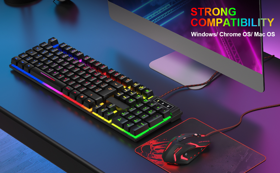 Ігровий набір клавіатури та миші QWERTZ DE, RGB підсвітка, ергономічна миша, великий килимок, USB для PC, PS4, Xbox