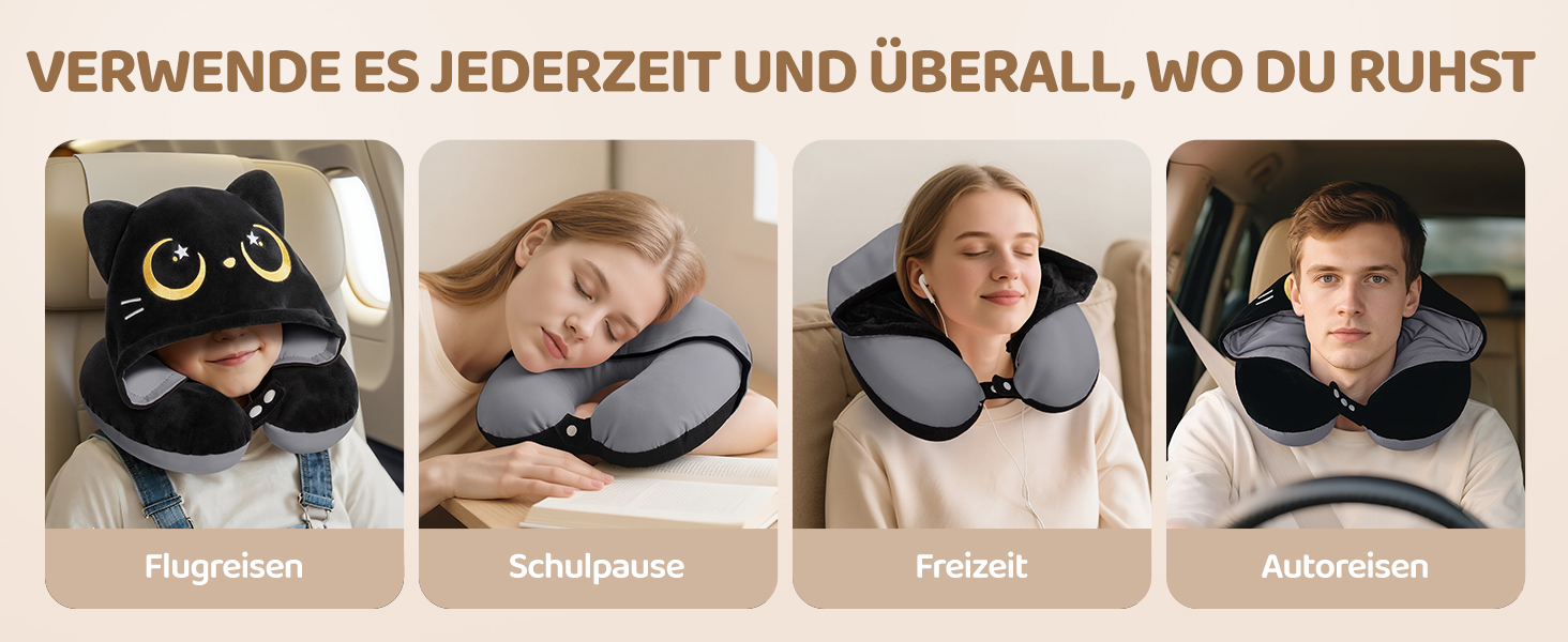 Подушка для шиї Mewaii з капюшоном, двостороння, для дітей та дорослих, дизайн котика, захист приватності, м'яка піна з пам'яті сірої кольорової гами