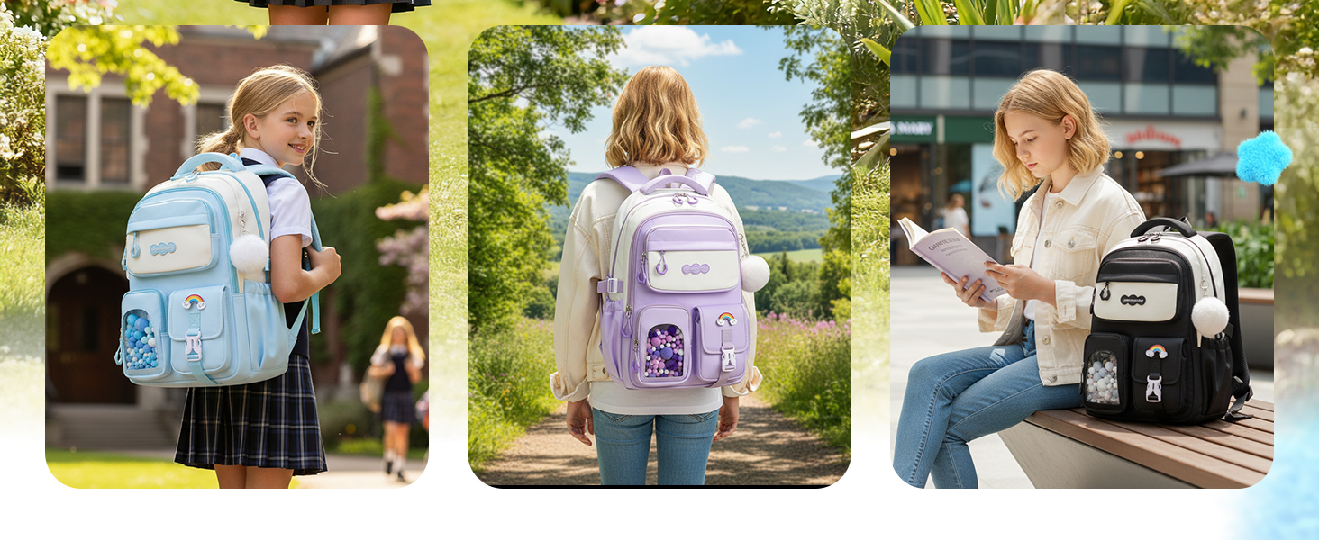 Шкільний рюкзак для дівчаток-підлітків, рожевий, з помпоном, тролей-петлею та світловідбивачами. Великий рюкзак для школи та подорожей, 3-7 клас, водонепроникний