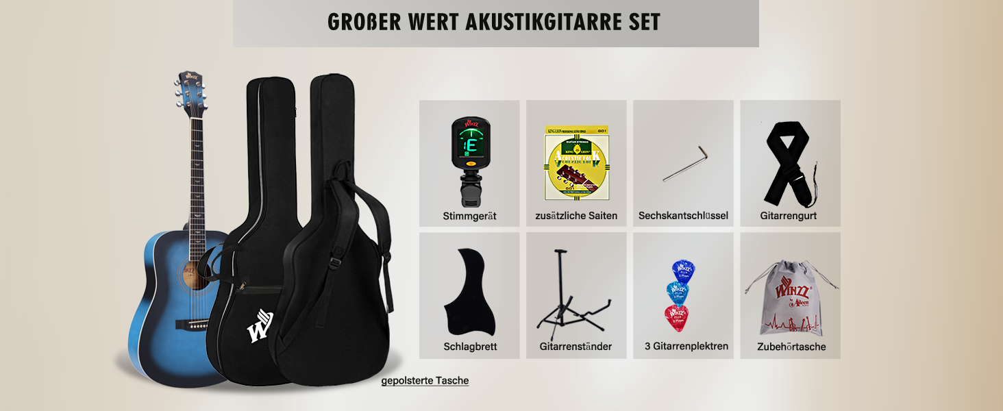 Акустична гітара Winzz 4/4 для початківців, 41 дюйм, з чохлом, тюнером, ременем, медіатором, запасним струною та підставкою (натуральний, блакитний)