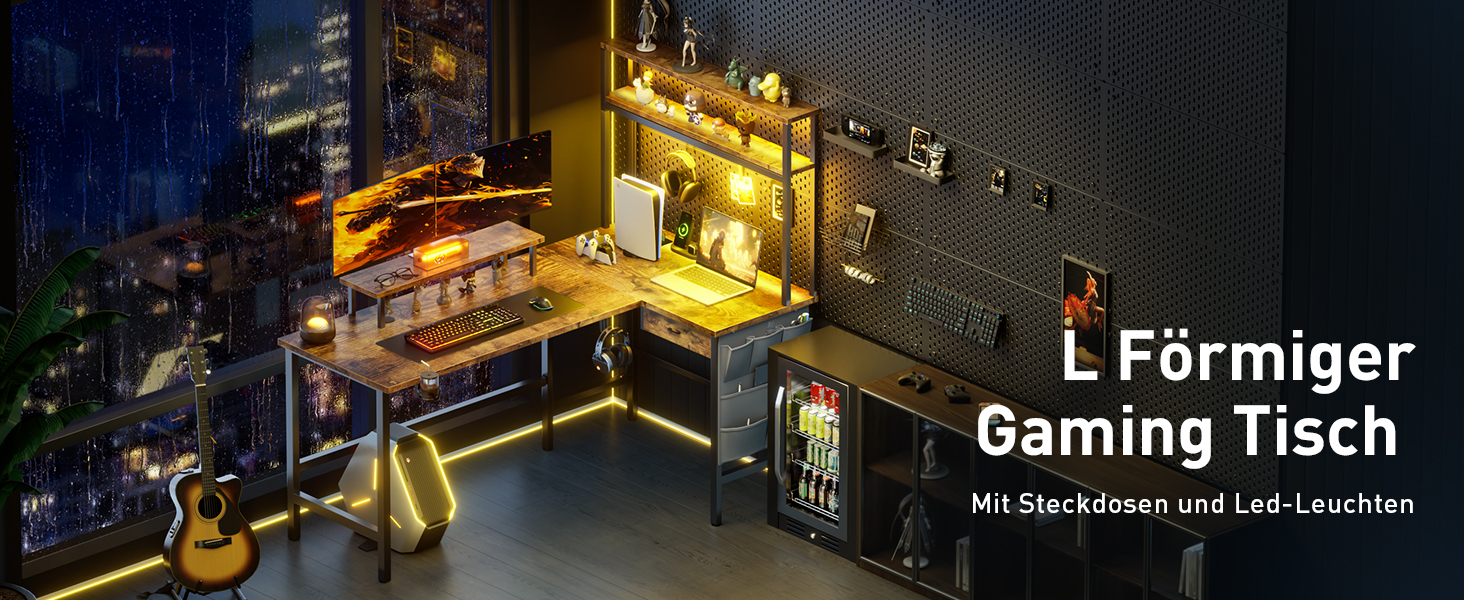 Ігровий стіл кутовий 150x100 см з 3 розетками та 2 USB, зворотний, з LED підсвіткою, з ящиками та підставкою для монітора. Колір: коричневий.