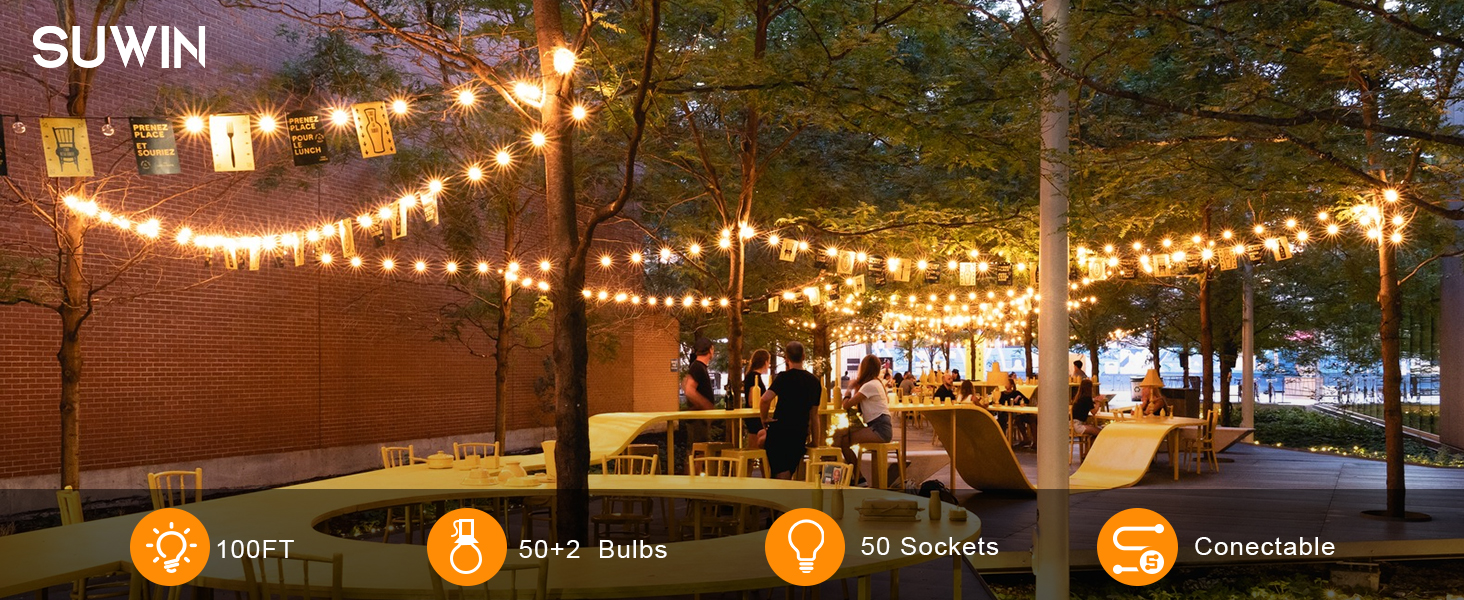 Ланцюжок гірлянд з лампочками 30м, 50+2 LED, IP45, тепле світло для саду, тераси, святкування