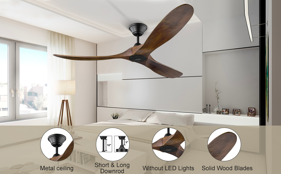 Вентилятор стельовий дерев'яний без освітлення з пультом керування, тихий, для вологого приміщення (152см, коричневий)