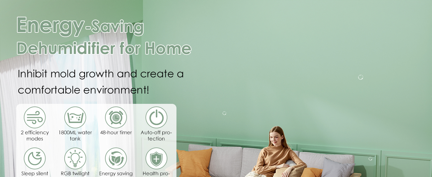 Електричний осушувач повітря 1.8L з антизаморожувальним захистом, 2 швидкості та 2 режими, таймер 48H, RGB підсвітка, для спальні, ванної кімнати та гуртожитку 1800 мл