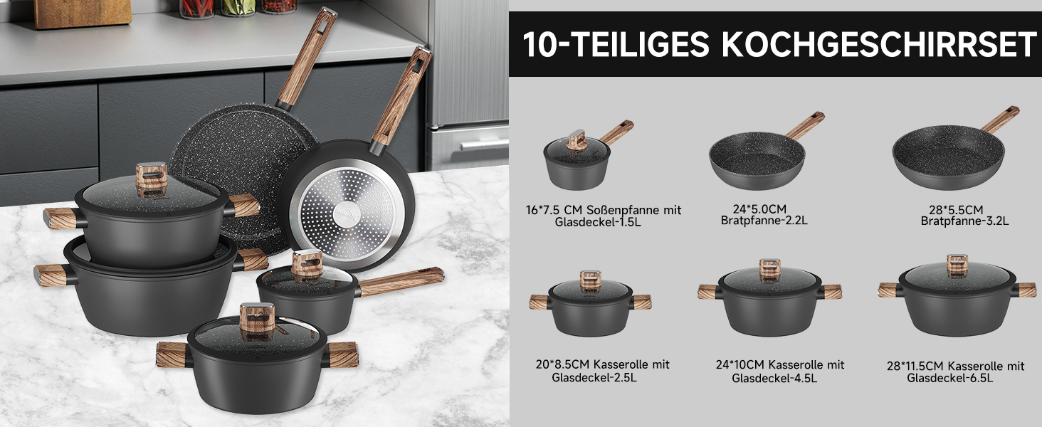 Набір каструль HOMELUX 10 частин з нержавіючої сталі, індукційне дно, з кришками, чорний