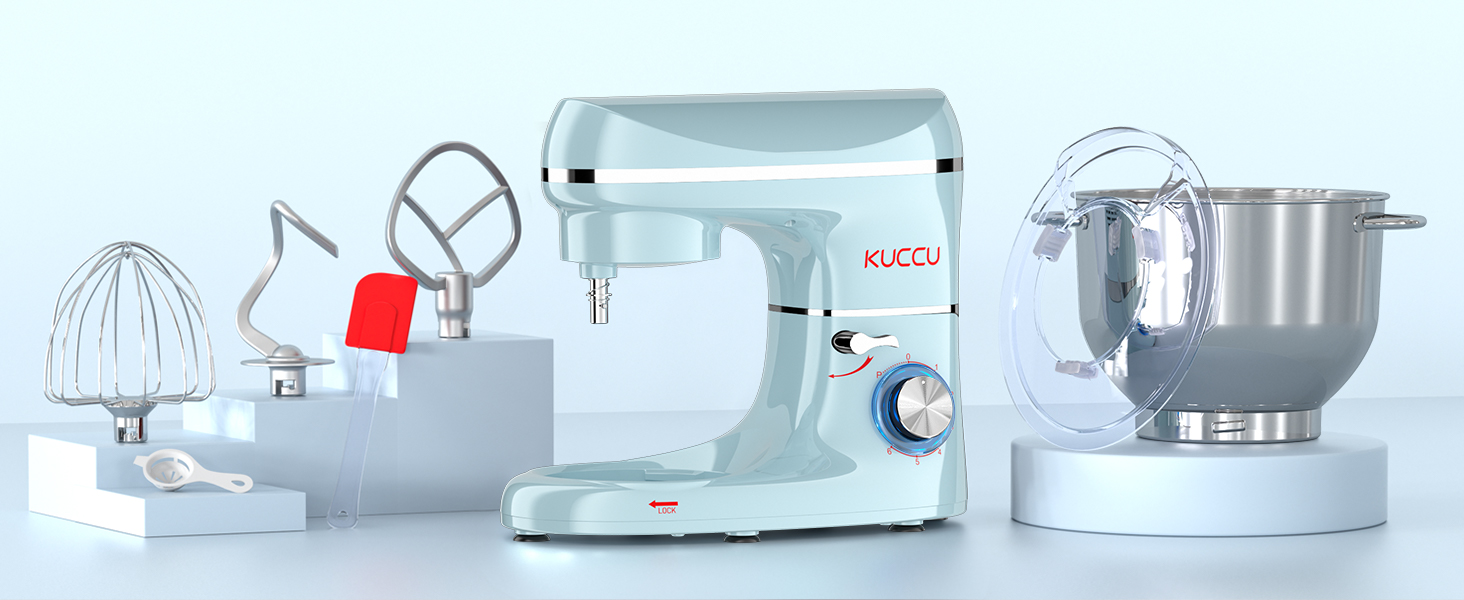 Кухонна машина (планетарний міксер) 1500W з чашею 7л з нержавіючої сталі, 6 швидкостей + імпульсний режим, набір насадок (гак, вінчик, міксер), колір: синій