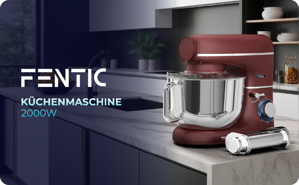 Кухонна машина з машиною для пасти – 2000W, електрична, з нержавіючою чашею 6.2L (червона)