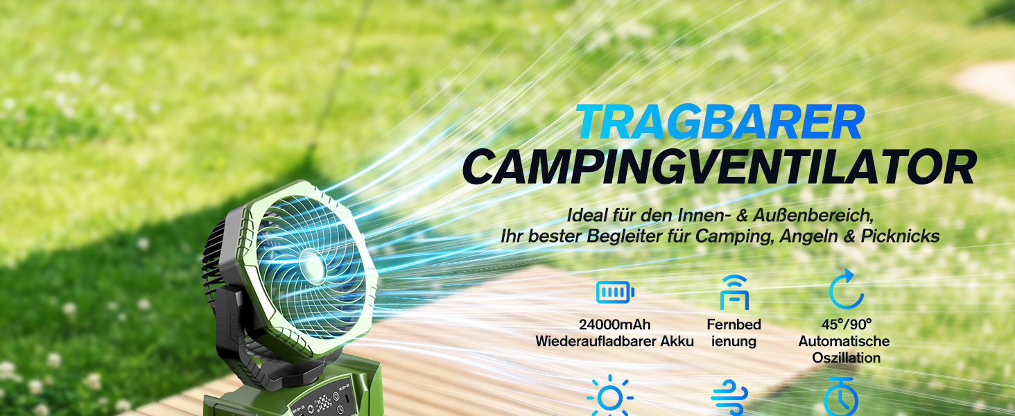 Акумуляторний вентилятор для кемпінгу Kejector 24000mAh з підсвіткою, цифровим дисплеєм та пультом керування, портативний настільний вентилятор (6 швидкостей) для намету, тераси та дому
