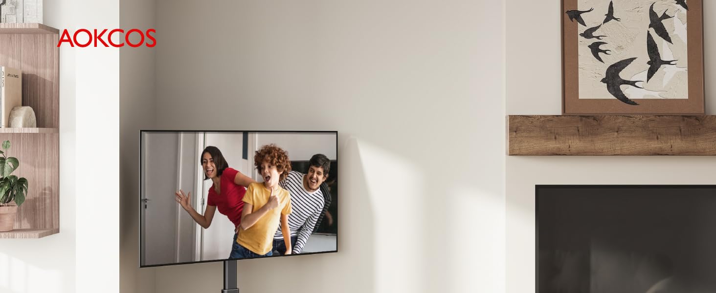 AOKCOS Rolling TV Stand with Wood Shelf - Adjustable Height & Swivel - VESA 400x400 - Holds 32-65 Inch TVs up to 40kg