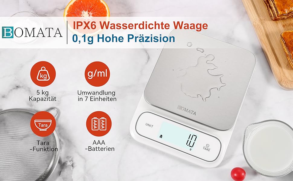 Кухонні ваги BOMATA, цифрові, 5 кг, точність 0,1 г, з підсвічуванням, платформа з нержавіючої сталі, білий колір