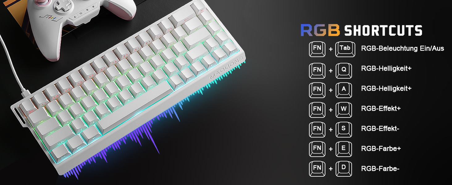 Механічна ігрова клавіатура YUNZII MADLIONS MAD68 з провідним підключенням, 60% розмір, Hall Effect перемикачі, регульована чутливість, PBT клавіші, RGB підсвічування, 8K polling rate (біла, перемикач Magnetic Amber Pro)