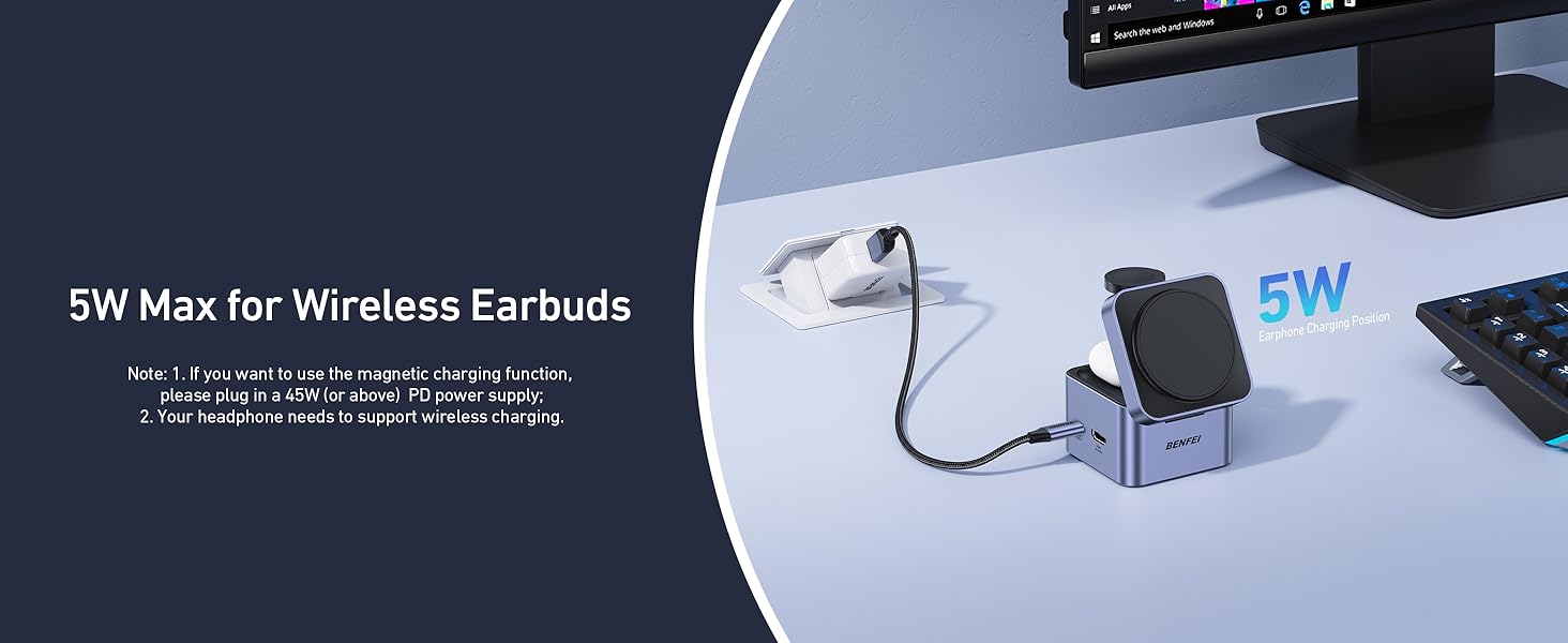 BENFEI 3-в-1 Станція зарядки MagSafe з USB-C хабом – для iPhone 16/15/14/13/12, Apple Watch та AirPods. HDMI (4K@60Hz), 100W PD, 2x USB 3.0 (5Gbps)