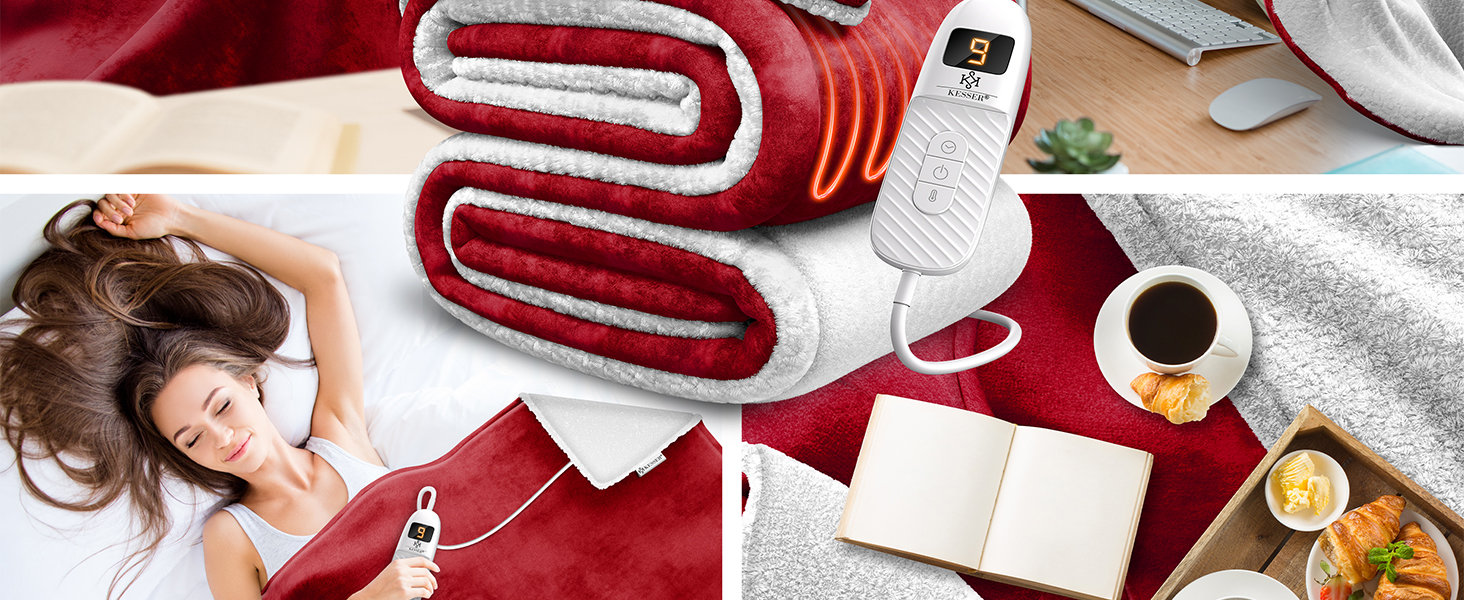 Електрична ковдра KESSER® з автовимкненням 200x180 см двостороння | Ковдра для ліжка, дивана | 9 температурних режимів | Пральна до 40°C | з таймером, цифровим дисплеєм, Бордовий колір