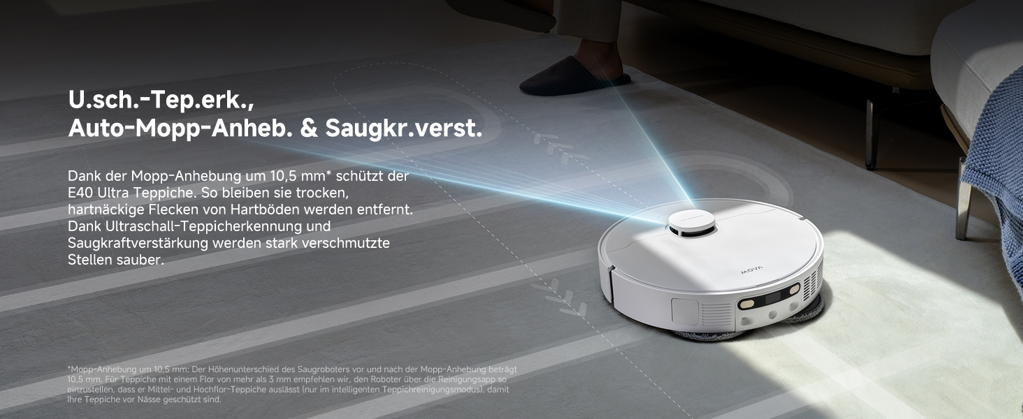 Робот-пилосос Mova E40 Ultra з функцією миття, автоматичним очищенням та потужністю 19000 Па, MaxiReach-моп, бічні щітки, вбудований резервуар 80 мл, станція самоочищення на 75 днів