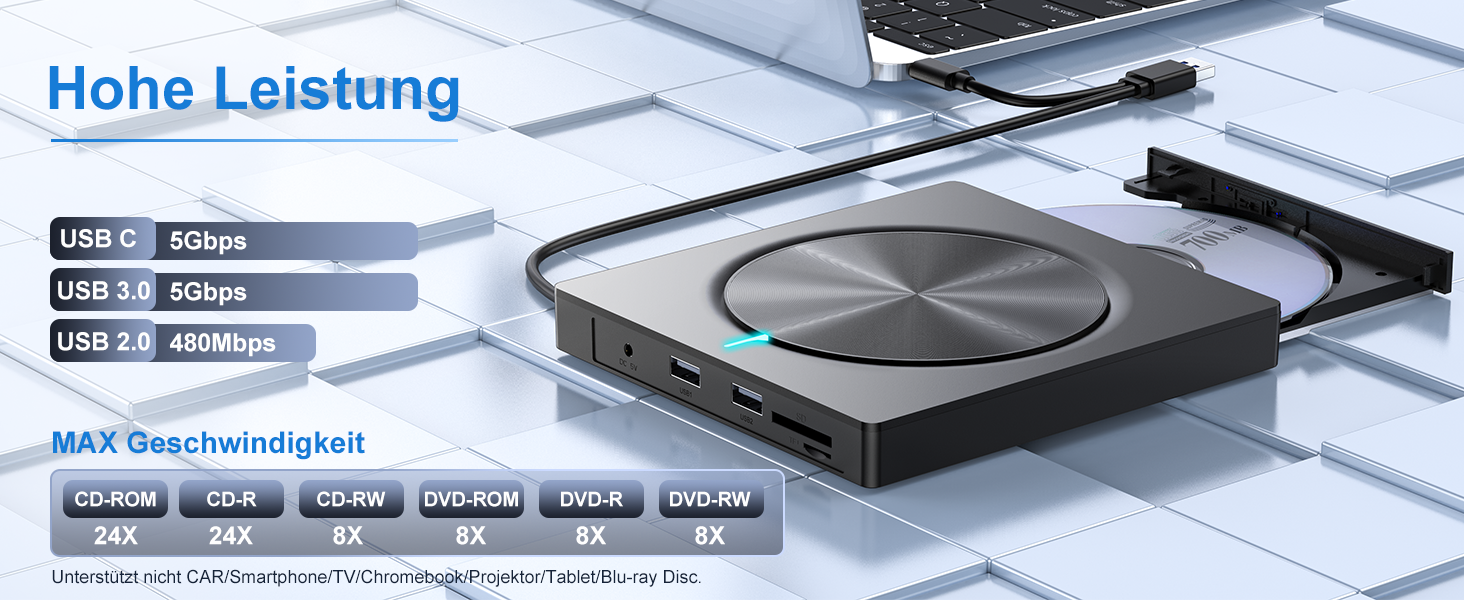 Зовнішній CD/DVD привід USB 3.0 та USB-C, оптичний накопичувач CD/DVD +/-RW ROM Brenner для ноутбука, ПК, MacBook, iMac (Windows, MacOS, Linux)
