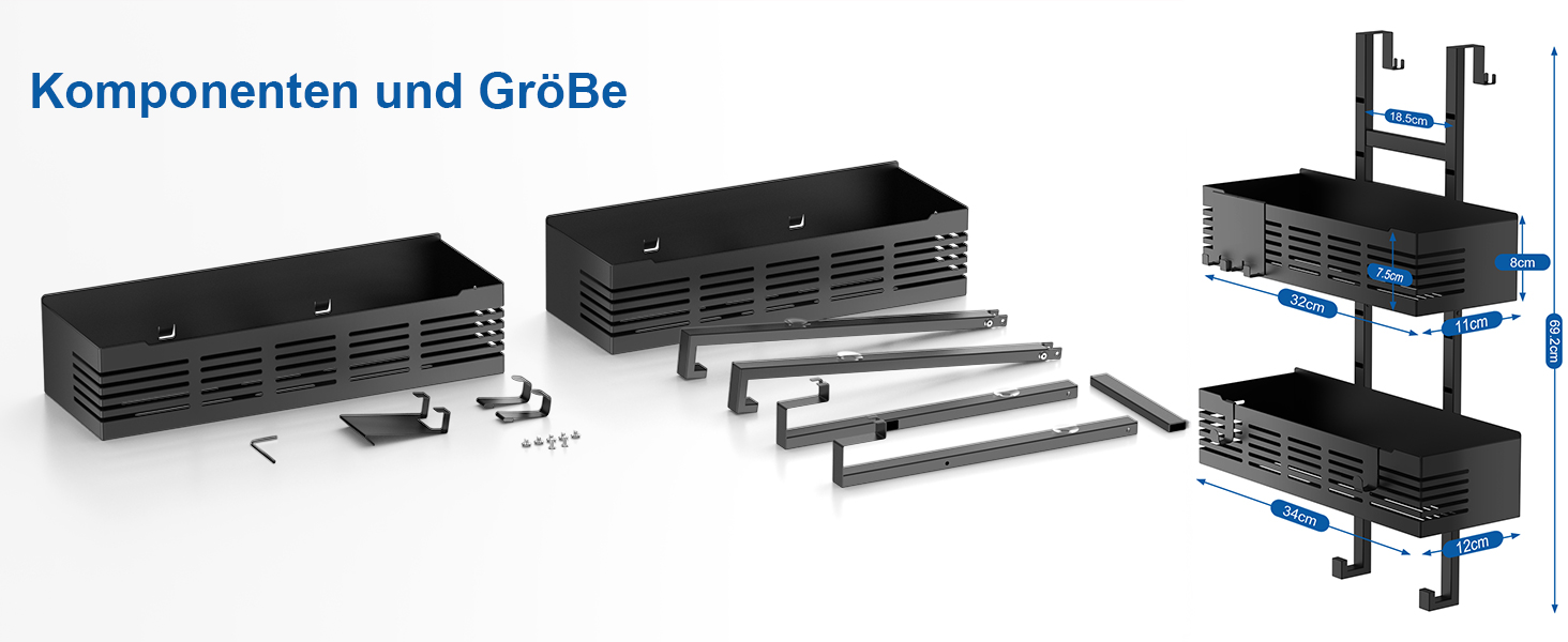 Поличка для душу AIGOCITY без свердління, чорна, для скляних душових кабін, з 3 гачками, регульована висота, для шампуню та гелю для душу