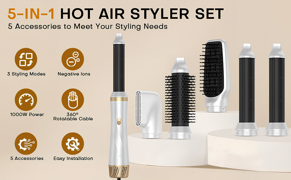 Airstyler 5 в 1: набір для укладки волосся з автоматичною завивкою, фен-щітка, 1000W, для об'єму, випрямлення та локонів