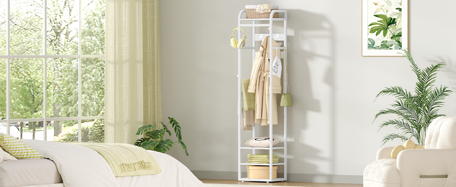 Настінна вішалка для одягу з 4 полицями та 13 гачками, 30 x 40 x 186 см, біла