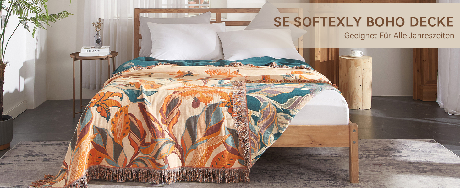 Богемна ковдра Softexly Boho Decke 100% бавовна – двостороння муслінова ковдра 150x200 см, м'яка софа та покривало для ліжка, естетичний дизайн, ідеально підходить для вітальні та спальні, помаранчевий/зелений, Blütentraum