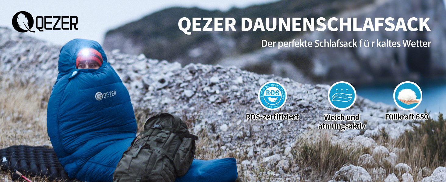 Сплячий мішок для дорослих та дітей, зимовий, легкий, для кемпінгу та альпінізму, 650 FP гусячий пух, 8°C ~ -30°C (Блакитний, 1500г пуху)