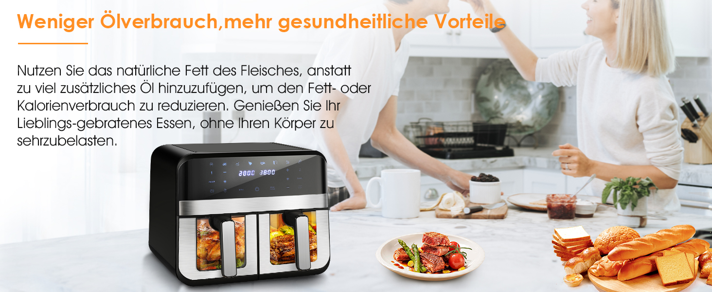 Фритюрниця повітряна 9L з цифровим LED-дисплеєм та сенсорним екраном, 10-в-1, без олії, здорове приготування їжі