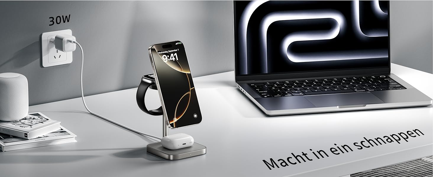 LULULOOK Qi2 Magsafe Зарядна станція 3 в 1 з алюмінію для Apple Watch та iPhone: 15W швидка зарядка для iPhone 17 Pro Max/Pro/Air/17, 5W для Apple Watch Ultra, AirPods. Титан.