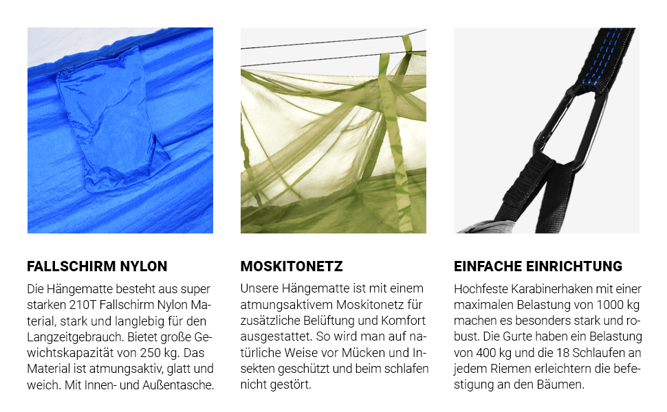 Гамак для кемпінгу MSports Premium Ultraleicht з москітною сіткою | Максимальне навантаження 250 кг, дихаючий матеріал (срібно-сірий)