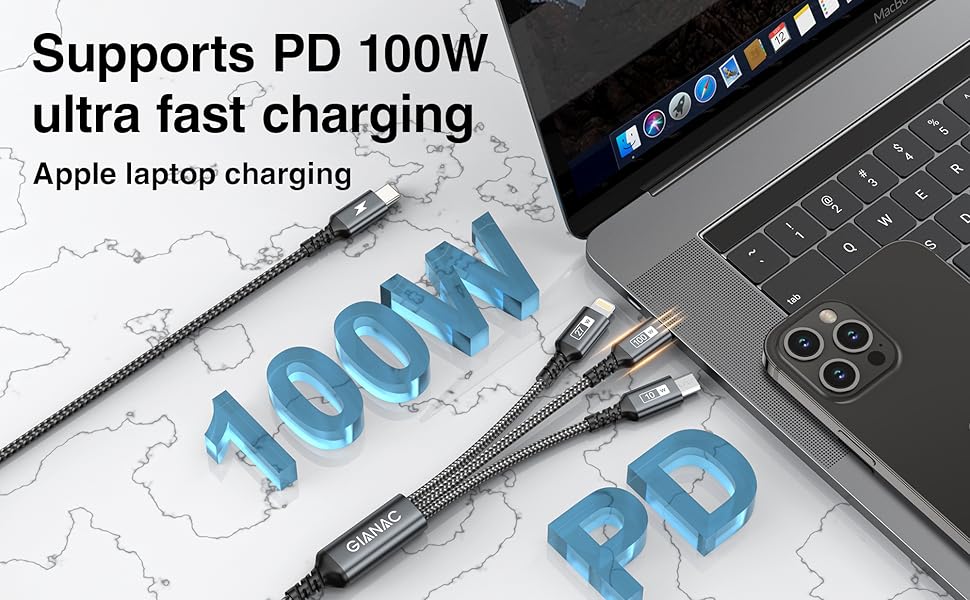 Кабель USB-C на 3 роз'єми 100W (1.2м) з E-Mark чіпом для Galaxy, iPad, MacBook, iPhone (сірий)