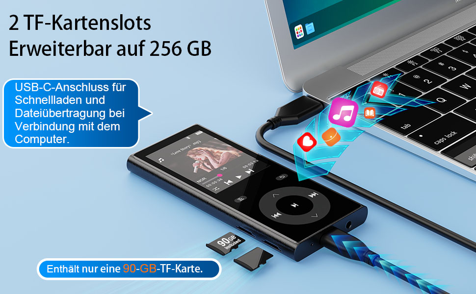 MP3 плеєр з Bluetooth 5.3 та динаміком, 90 ГБ пам'яті, 2.4