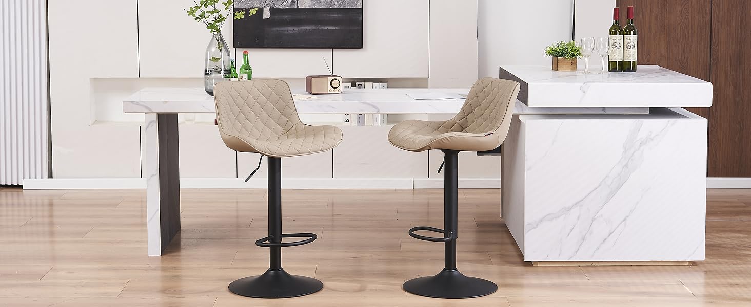 YOUNIKE Adjustable Bar Stools 2-Pack - Modern Kitchen Barstools with PU Leather Upholstery, Swivel Metal Bar Chairs for Counter/Island - Khaki Net Khaki