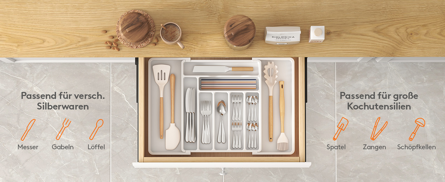 Органайзер для столових приборів Lifewit в шухляду, розсувний, пластиковий, білий 33-57 x 38 x 5 см