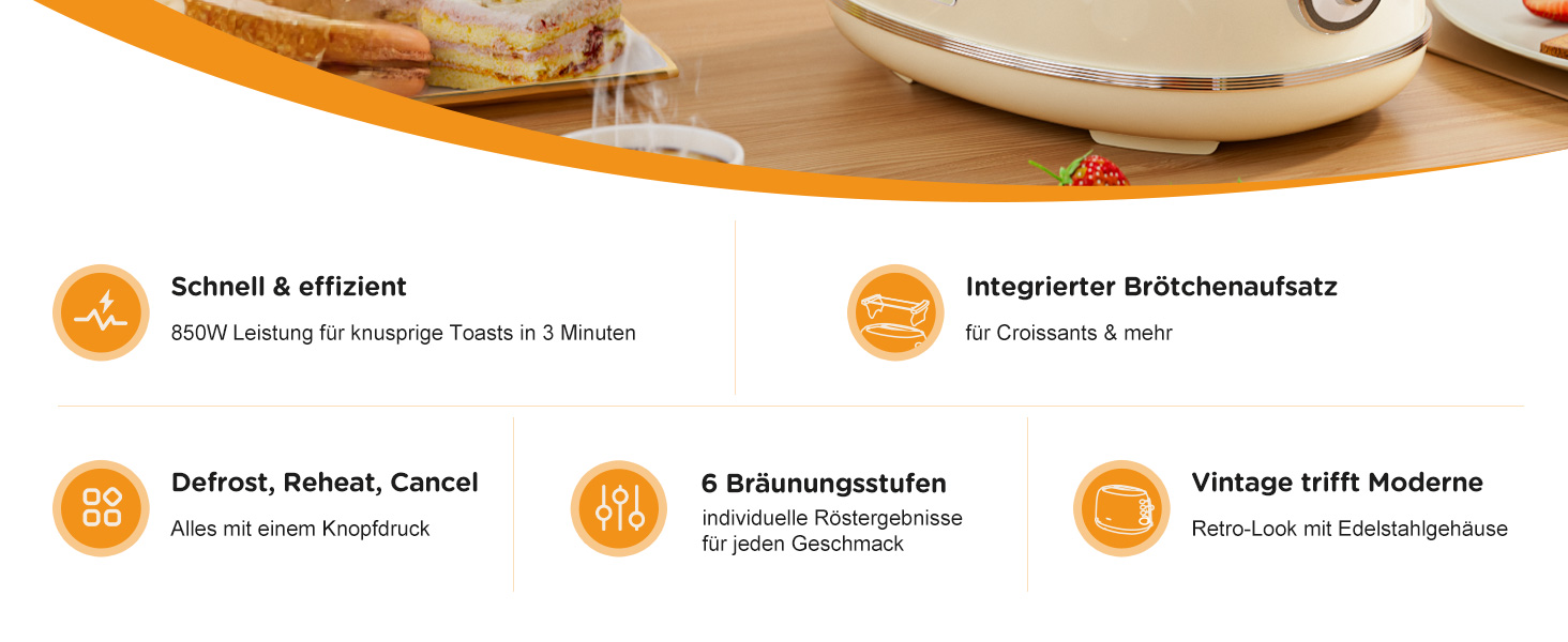 Ретро тостер на 2 тости з нержавіючої сталі – з підставою для булочок, 6 рівнів підсмажування, функція підігріву та розморожування, автовимкнення, кремовий колір, ідеальний для сендвічів та тостів – TS-R008
