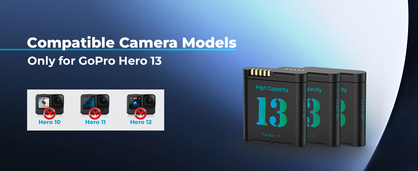 Зарядний комплект Hero 13: 3 акумулятори 2800mAh + зарядний пристрій з LED-індикатором, сумісний з Hero 13 Black