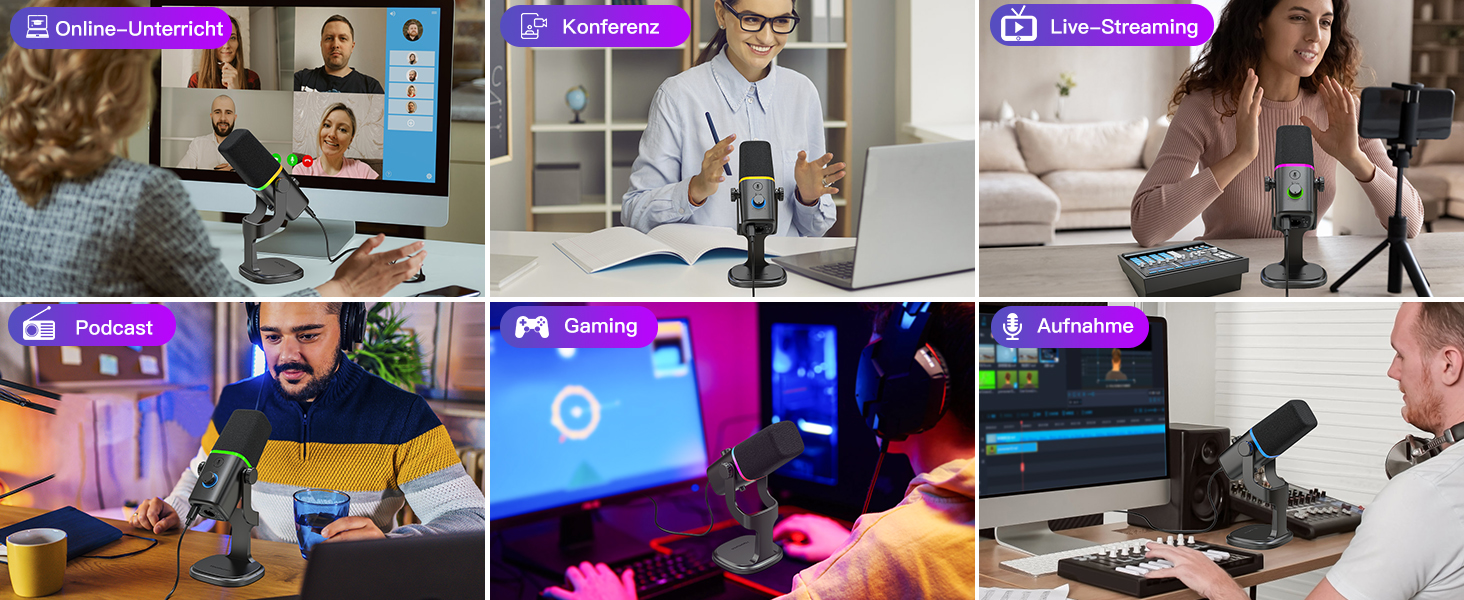 Динамічний мікрофон Haomuren XLR/USB з RGB-підсвіткою для геймінгу, подкастів та YouTube