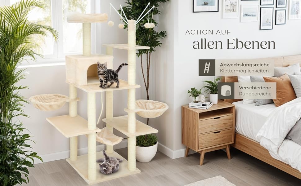 Тектейк® Крізьоверх XXL для котів, великий, з аксесуарами: лежанки, гамак, будиночок, іграшки, мотузка з сизалю, ствол для дряпання, котячий комплекс, котячий дряпкач, висота приблизно 165 см - сірий (Бежевий | № 402932)