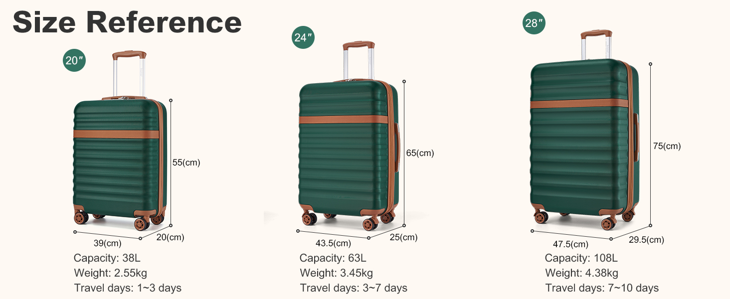 Чемодан-валіза KONO Trolley XL з ABS+PC, 4 колеса, TSA-замок (кремовий/коричневий) та M(55см) темно-зелений/коричневий