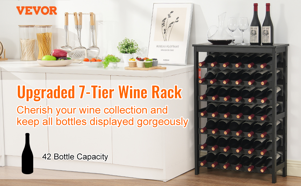 Стійка для вина VEVOR на 42 пляшки: 7-ярусна стійка з масиву бамбука, для кухні, бару та льоху (чорний)
