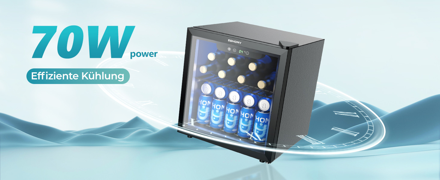 Міні-холодильник EUHOMY для напоїв на 55 банок, чорний, 36L, з дверцятами з прозорого скла, LED-підсвітка, тихий (43dB), для офісу, кімнати, бару