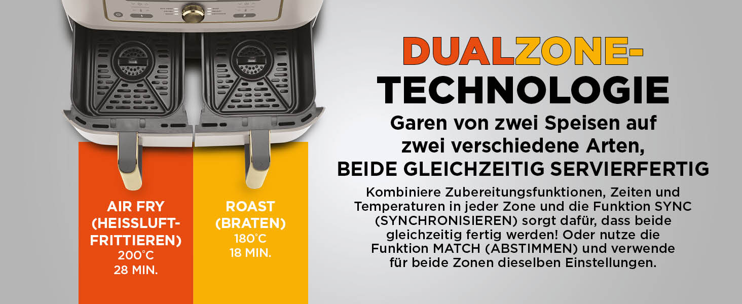 Фритюрниця Ninja Dual Zone Digital Air Fryer 9.5L з двома відсіками, 6-в-1, Stone/Gold DZ400EUSTGD