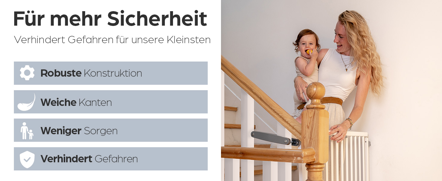 Захист для сходів Geuther Oris | Дверний захист для сходів з кріпленням, 2 клямки для поручнів, ширина | Стабільний захист з розпадною дверцятами | Дерев'яне дитяче гiтер, натуральний лак (білий, 95-135 см)