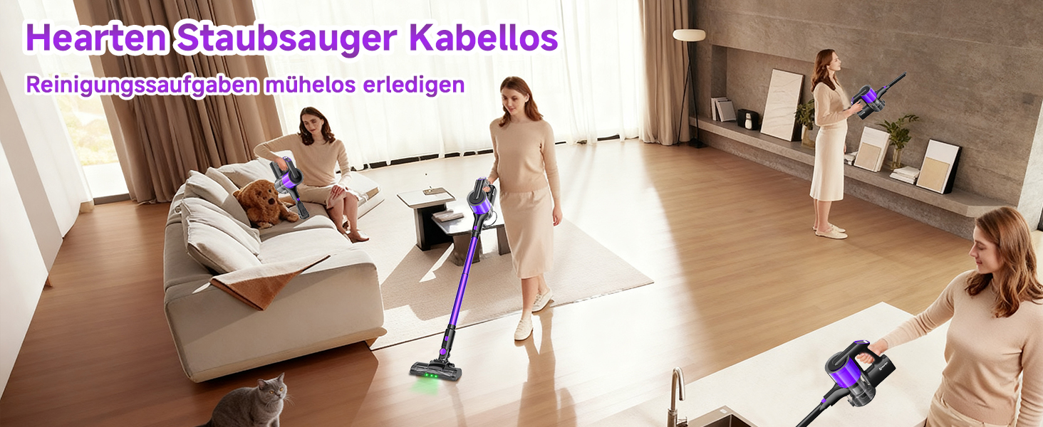 Бездротовий акумуляторний пилосос Hearten 4-в-1 з LED дисплеєм та антизаплутувальною насадкою, сенсорне управління, для видалення шерсті тварин, килимів та твердих поверхонь (фіолетовий)