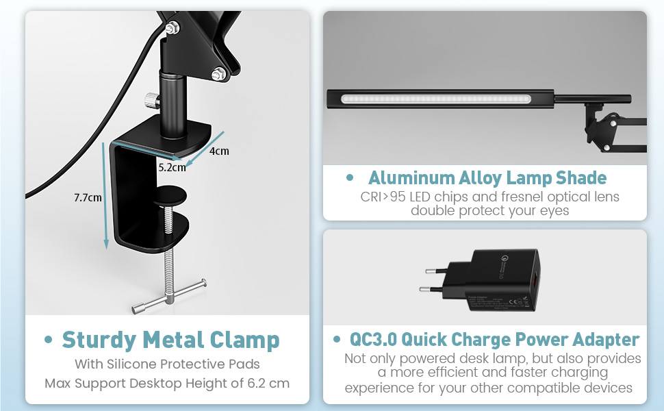 Світлодіодна лампа для робочого столу, кріпиться на край столу, архітектурна лампа з адаптером QC3.0, лінза Френеля, чорна