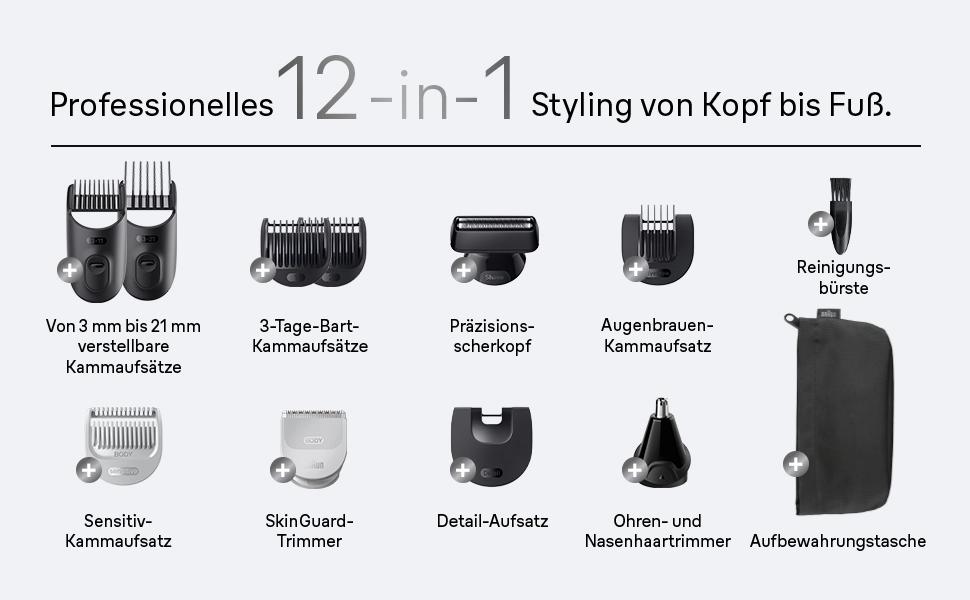 Braun Series 7 All-in-One 12-в-1: Триммер для бороди, носа, волосся (обличчя, тіла, голови) AIO7545, сірий, акумулятор 120 хв, 14 насадок (0.1-21 мм), водонепроникний