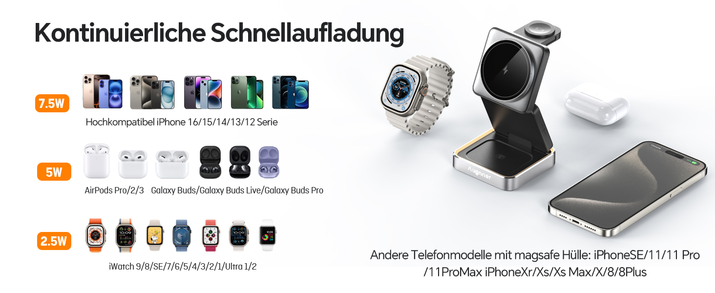 Зарядний пристрій 3-в-1 для Apple Watch та iPhone MagSafe, складна бездротова зарядка для AirPods Pro/3/2. Підходить для Apple Watch, iPhone 17/16/15/14/13. Білий (Чорний)