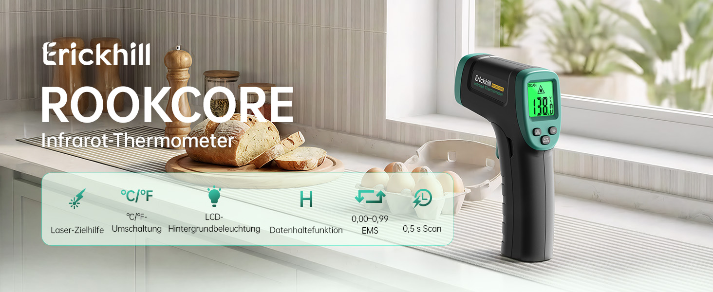 Інфрачервоний термометр ERICKHILL -50℃~800℃: безконтактний лазерний термометр з LCD-дисплеєм, регульований коефіцієнт випромінювання. Підходить для приготування їжі, грилю, заморожування, промисловості