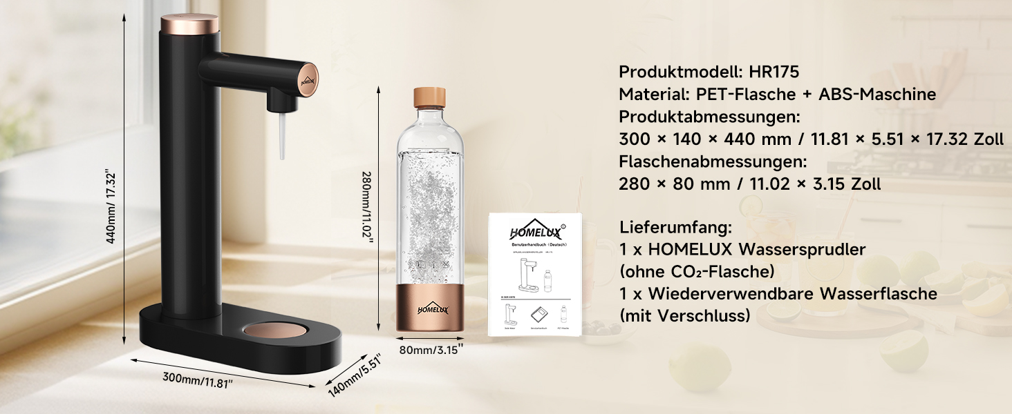 HOMELUX Пристрій для газування води з PET-пляшкою 1л, чорний - Содовий апарат для приготування газованої води з крана